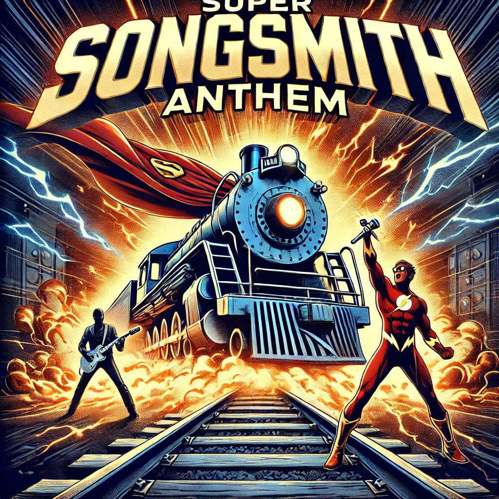 Super Songsmith Anthem cover — train morphing into guitar in a neon night sky