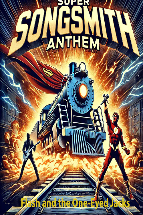 Super Songsmith poster art — heroic silhouettes and neon sparks